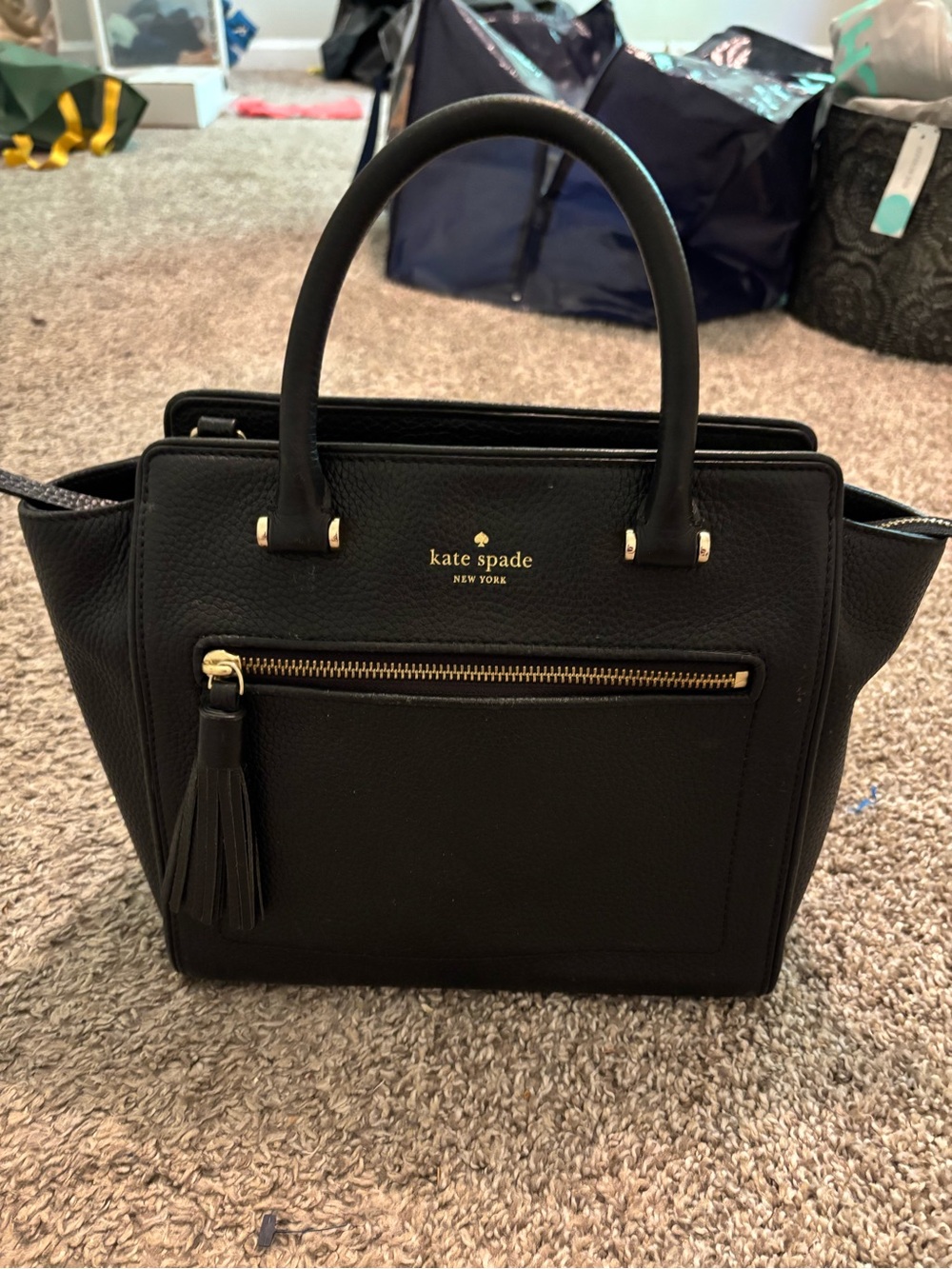 kate spade Black Leather Satchel with Tassel and Gold Hardware